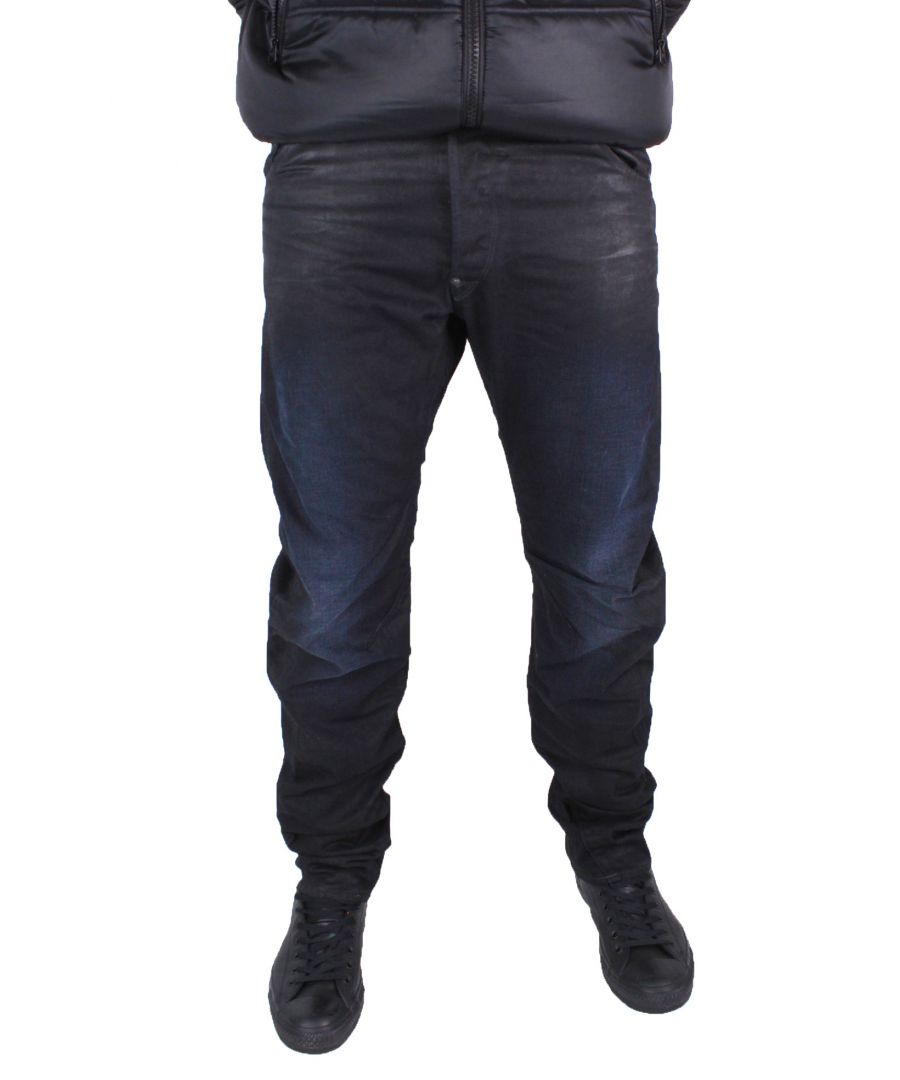 G-Star Arc Zip 3D Dark Aged denim jeans met losse taps toelopende pijpen 100% katoen. 50746.6089.89. Donkerblauwe patches op dij en knie. Ritszakken aan de achterkant. RRP ″130