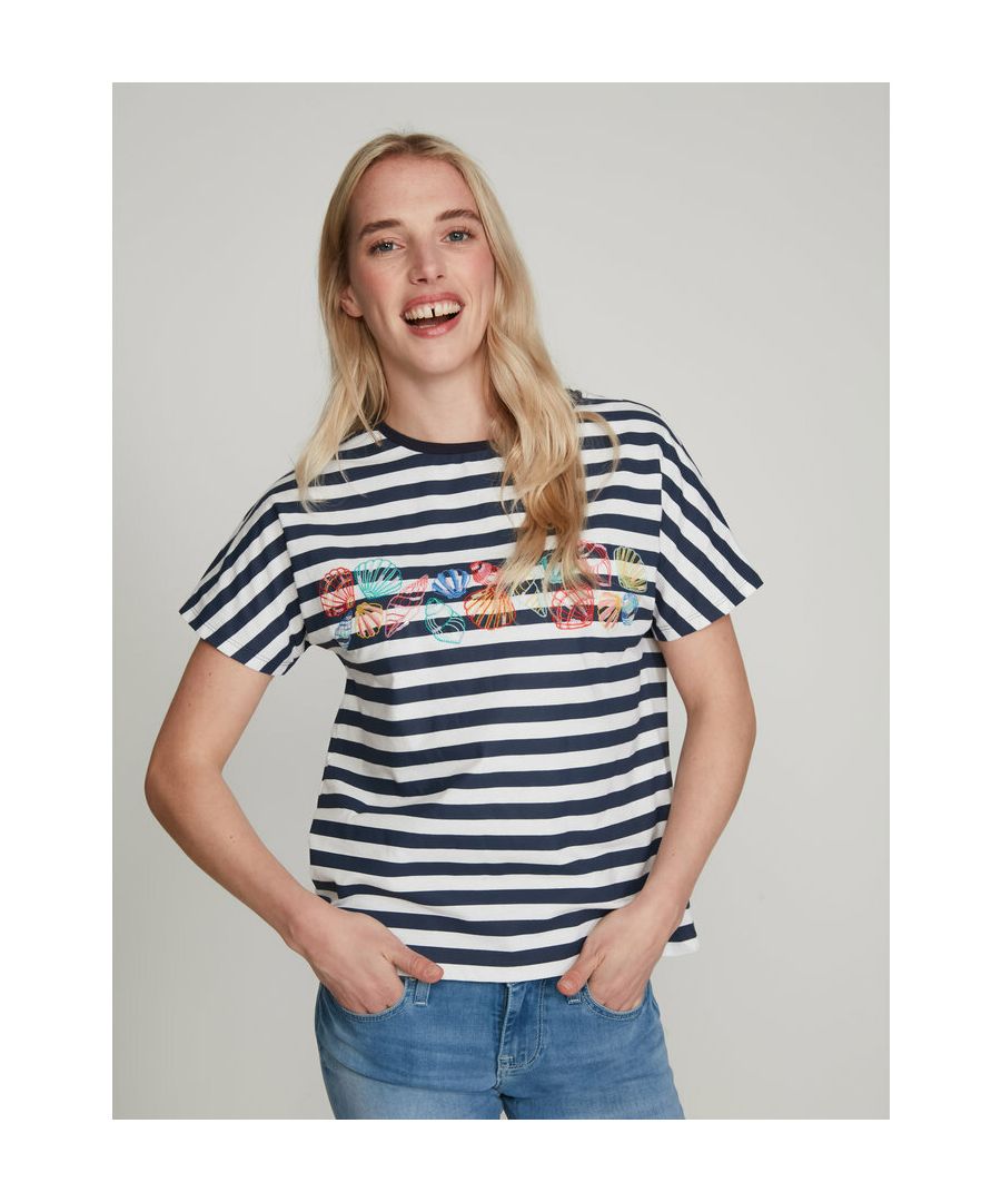 This short sleeve stripe t-shirt from Khost Clothing features a cute seashell print on front. Style with denim shorts and sandals for a trendy summer look.