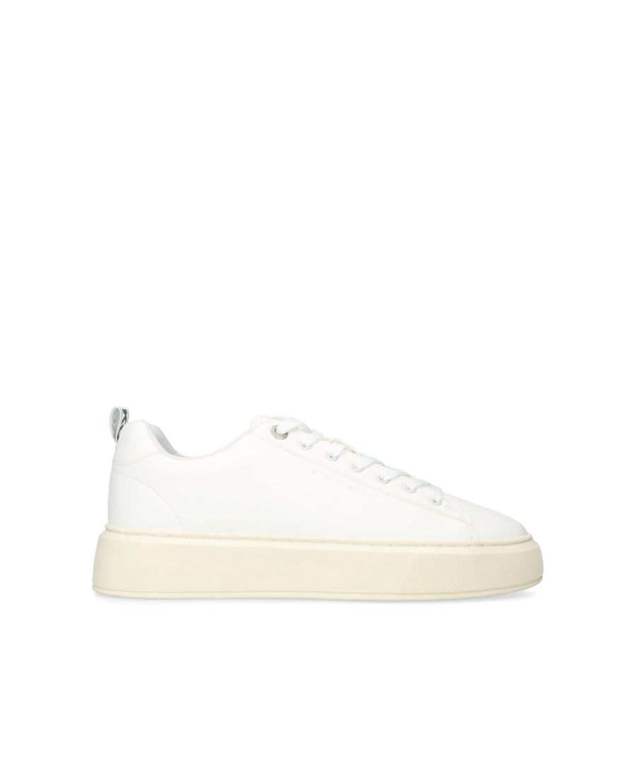 The Kinsley B Ball sneaker features a white upper with white rubber branded monocle on the tongue. The back of the ankle features a KG Kurt Geiger logo printed on ribbed textile with print stitch detailing tab.
