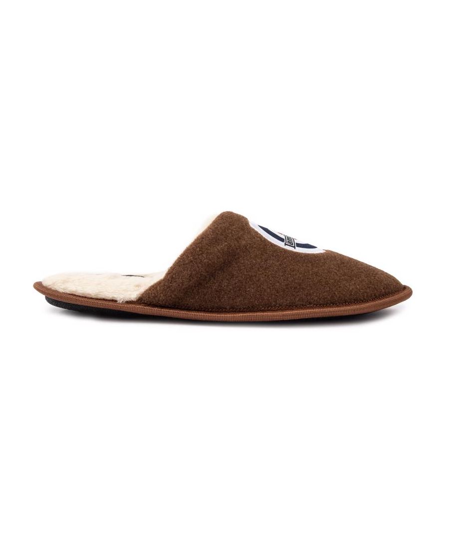 Mens tan Lambretta sky slippers, manufactured with textile and a synthetic sole. Featuring: faux-fur lining, branded to front and mule design.