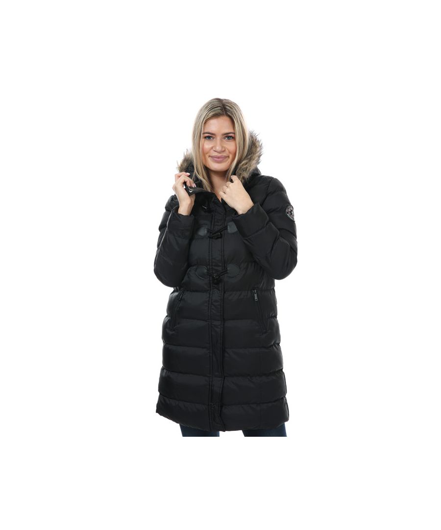 Womens Brave Soul Wizard Long Padded Duffle Jacket in black.- Grown-on lined hood with faux fur trim.- Longline padded.- Full zip fastening.- Storm placket with snap and toggle closure.- Zipped front pockets.- Fully lined.- Badge to left sleeve.- Slightly shaped hem.- 100% Polyamide.- Ref: LJKWIZARDLONBK