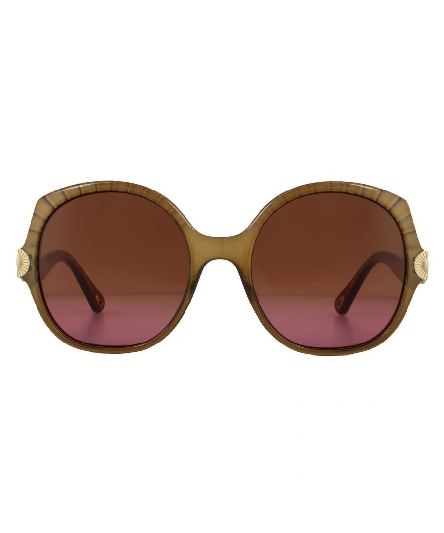 Chloe Sunglasses CE749S 210 Brown Brown Pink Gradient are a gorgeous round shape with a plisse motif along the top of the frame and gold sun burst metal detailing inspired by the Chloe jewellery collection.
