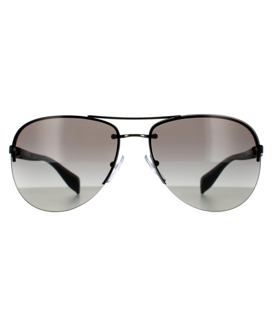 Prada Sport Aviator Mens Gunmetal Grey Gradient  Sunglasses Prada Sport are a semi-rimless frame in the aviator style with a thin Metalframe and relatively slim acetate arms with the classis Linea Rossa red stripe along the arms.