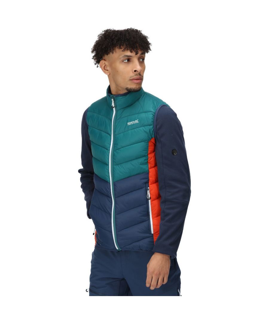 Lightweight 20d polyamide fabric. Feather Free - premium recycled synthetic down insulation. Recycled fill made from approximately 12 plastic bottles (500ml size). 2 zipped lower pockets. Stretch binding to armholes, hem and collar.