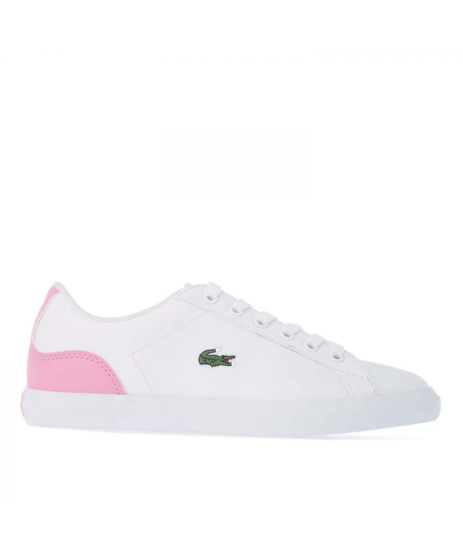 Junior Girls Lacoste Lerond Trainers in white pink.- Synthetic uppers.- Lace up fastening.- Embroidered green crocodile on the quarter.- Ortholite® antimicrobial sockliner.- Rubber outsole.- Synthetic Upper  Textile Lining  Synthetic Sole.- Ref: 742CUJ00131Y9