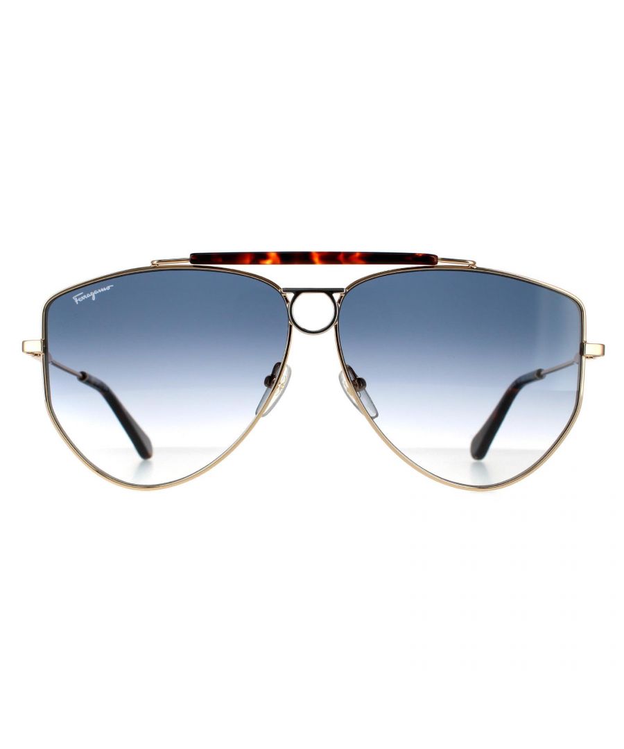 Salvatore Ferragamo Aviator Womens Yellow Gold Blue Sunglasses SF241S are an aviator design crafted from lightweight metal. The double bridge, silicone nose pads and plastic temple tips ensure an all day snug fit. Slender temples are engraved with the Ferragamo logo for brand authenticity.