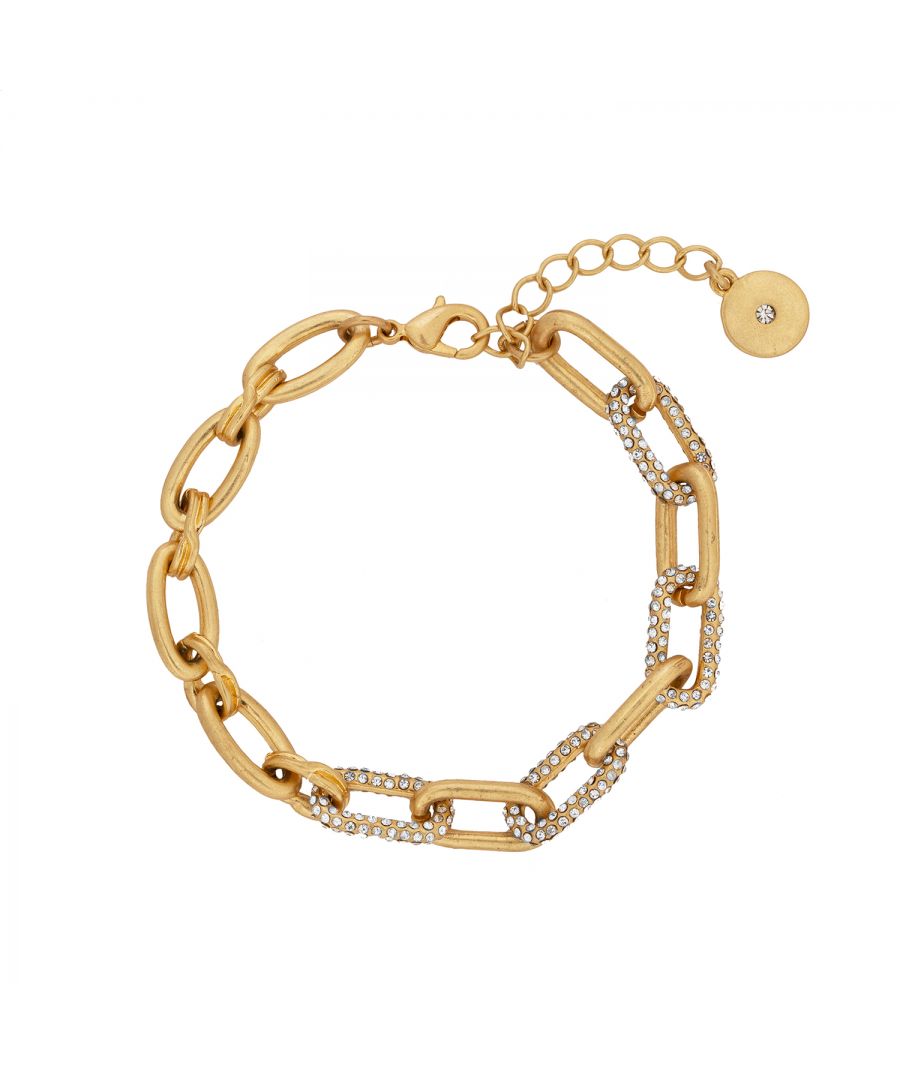 This chunky pave chain bracelet is the staple piece you need this winter! It adds such an on trend edge to any outfit, whether it's a night out dress or a jumper and jeans. The beautiful 7 inch gold plated chain features pave encrusted links on one side, giving a delicate edge to an otherwise strong piece. The chain is fastened with a lobster clasp and has a 4cm extender chain to easily adjust. It also comes with a matching necklace and they really are a match made in heaven! When in doubt, go simple and style it out.
