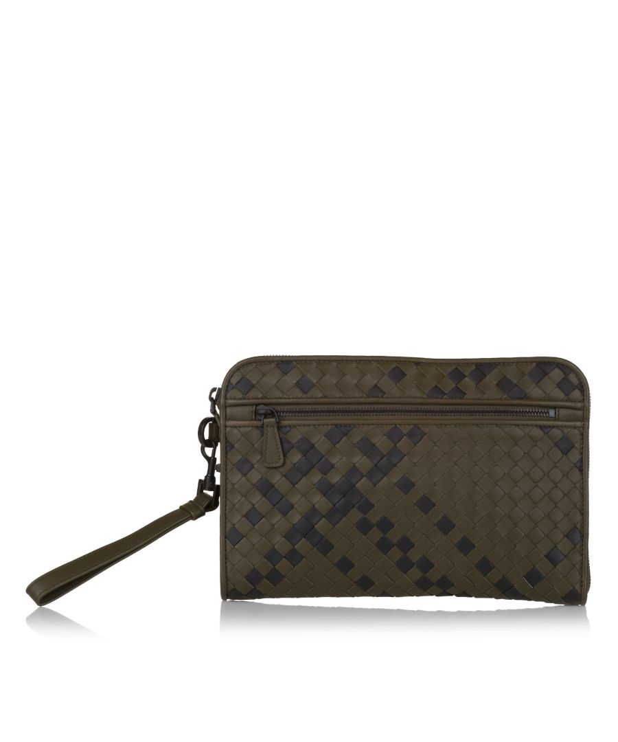 VINTAGE. RRP AS NEW. This clutch bag features a woven leather body, flat wrist strap and a top zip closure.\n\nDimensions:\nLength 17cm\nWidth 28cm\nDepth 2cm\nHand Drop 15cm\n\nOriginal Accessories: Dust Bag\n\nSerial Number: BO7798705F\nColor: Green x Dark Green x Black\nMaterial: Leather x Calf\nCountry of Origin: Italy\nBoutique Reference: SSU157981K1342\n\n\nProduct Rating: GoodCondition\n\nCertificate of Authenticity is available upon request with no extra fee required. Please contact our customer service team.