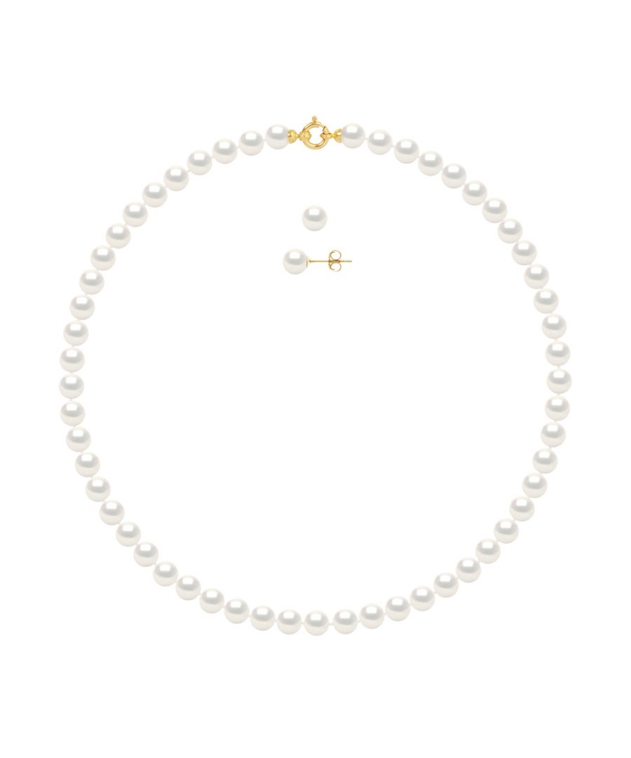 Set Necklace + Earrings of true Cultured Freshwater Pearls 7-8 mm - 0,31 in - Natural White Color Length 42 cm , 16,5 in ring clasp Gold 375, Earrings 7-8 mm - 0,31 in Push System Gold 375 - Our jewellery is made in France and will be delivered in a gift box accompanied by a Certificate of Authenticity and International Warranty