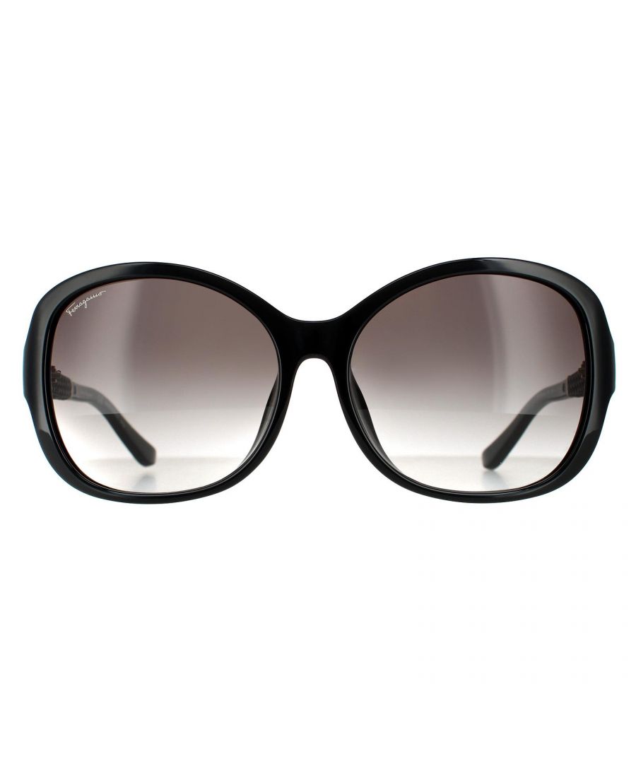 Salvatore Ferragamo Butterfly Womens Black Grey Gradient Sunglasses SF744SLA are a butterfly style crafted from lightweight acetate. The wide arms and feminine curves ensure a stylish look. The Salvatore Ferragamo logo features on the inside of the temples for brand authenticity.