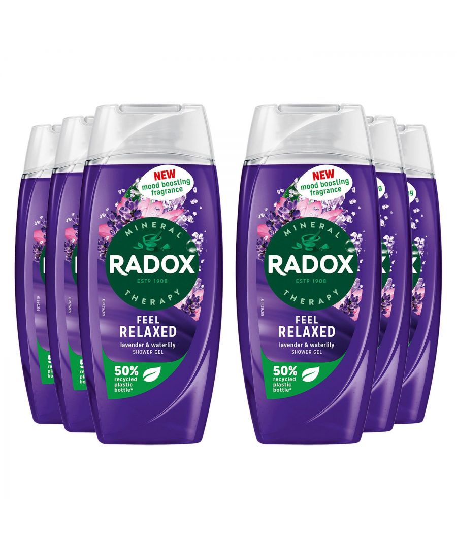 RADOX Mineral Therapy Feel Relaxed Shower Gel's mood-boosting fragrance combines the calming scent of lavender with the soothing aroma of waterlily to make you feel blissfully calm. This relaxing skin cleanser features our unique blend of 4 minerals and 13 herbs, which activates with hot water to transform your shower into a mineral therapy ritual. Suitable for daily use, our body wash rinses off easily, leaving your skin feeling fresh and clean.\n\nRADOX Mineral Therapy Feel Relaxed Shower Gel provides a relaxing shower experience that calms your senses our relaxing shower gel is made with a unique blend of minerals and herbs which activates with hot water to cleanse and refresh you. Achieve a blissfully calm state of mind.RADOX Feel Relaxed Shower Gel, infused with a new mood-boosting fragrance of lavender and waterlily. Our body wash is suitable for daily use – simply squeeze it out, lather on the body, and indulge in an uplifting shower experience. This skin cleanser is pH neutral and suitable for all skin types.RADOX shower gels come in 50% recycled (excluding caps & labels), 100% recyclable, and 100% refillable bottles.\n\nHow to use: Apply when showering or bathing. Apply to the skin all over your body and then wash off with hot water. Suitable for everyday use.\n\nSafety Warning: Shower Gel & Body and Face Wash & Body Scrubs Avoid contact with eyes. If contact occurs, rinse thoroughly with water.\n\nBox Contain: 6x Radox Mineral Therapy Shower Gel Feel Relaxed, 225ml