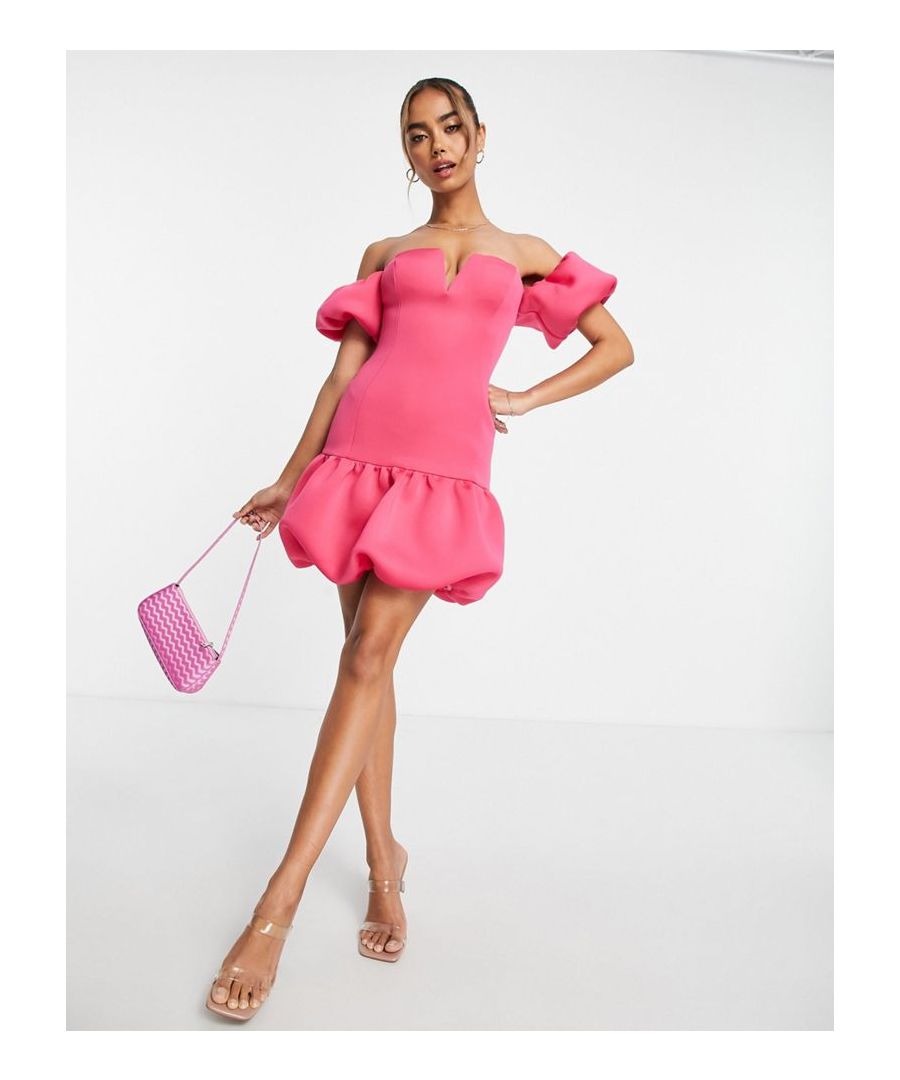 Mini dress by Miss Selfridge All other dresses can go home Plunge neck Off-shoulder style Puff sleeves Slim fit Sold by Asos