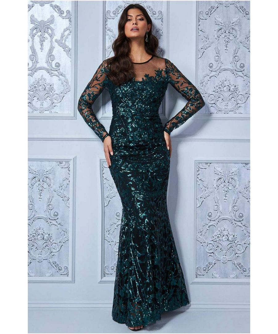 This sequin mesh embroidered long sleeve maxi dress from Goddiva is a must buy for any woman looking to make a statement at the next special occasion. The sequin detailing and round neckline will bring out your inner glamorous goddess! This floor length gown is ideal for evening occasions. The simple yet elegant design allows you to wear it for many different events, from weddings to formal gatherings. A perfect choice for wedding guests, christmas day glam, new year's functions, prom and black tie events. In its emerald colour this sparkling number is bound to be this season's show stopper! With its floor length skirt, round neckline & long sleeves offering a classic, elegant vibe and it's all over sequin embroidery bringing a little spice to this well rounded evening dress, you can’t go wrong.