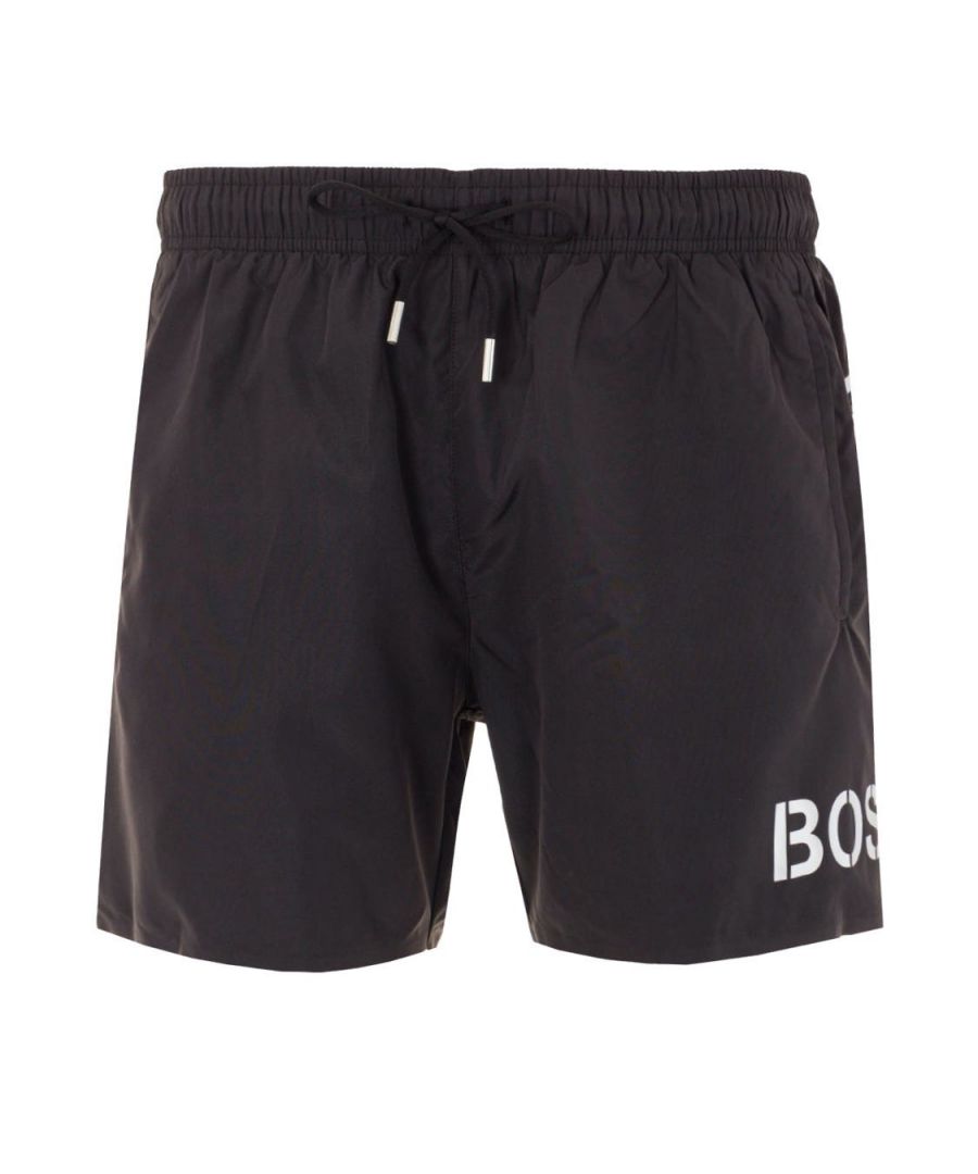 Swim in style this season with BOSS. These swim shorts sport a quick-dry recycled composition with a supportive mesh lining, offering optimum comfort throughout wear. Featuring an adjustable drawstring waist, twin side seam pockets and rear zip pockets with metallic accents. Finished with a metallic BOSS logo, printed on the left thigh. Regular Fit, Quick Dry Recycled Fabric, Inner Mesh Lining, Drawstring Waistband, Twin Slit Pockets, Rear Zip Pockets, BOSS Branding. Style & Fit: Regular Fit, Fits True to Size. Composition & Care: 100% Recycled Polyester , Machine Wash.