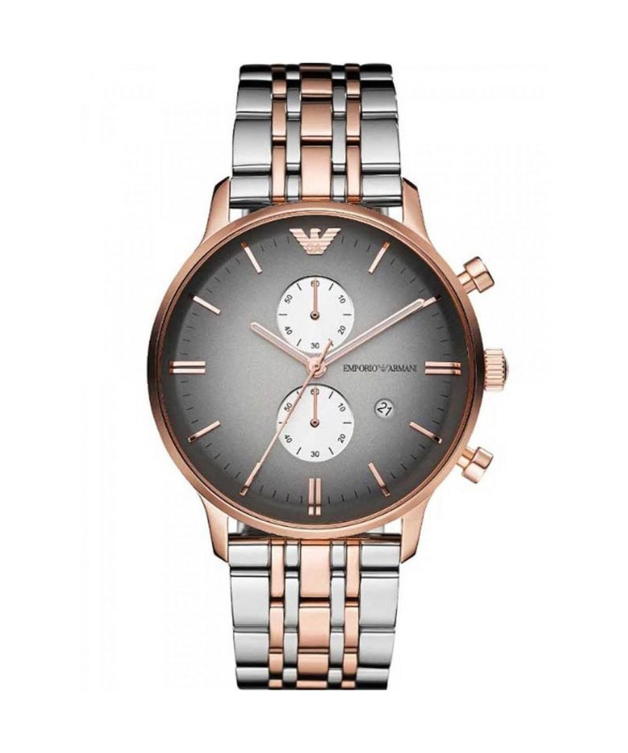 Emporio Armani AR1721 Classic-herenhorloge. Dit oversized Emporio Armani herenhorloge heeft een roségouden kleur en een fijne roestvrijstalen kast en armband, aangedreven door een chronograaf kwartsuurwerk. EAN 4053858003514