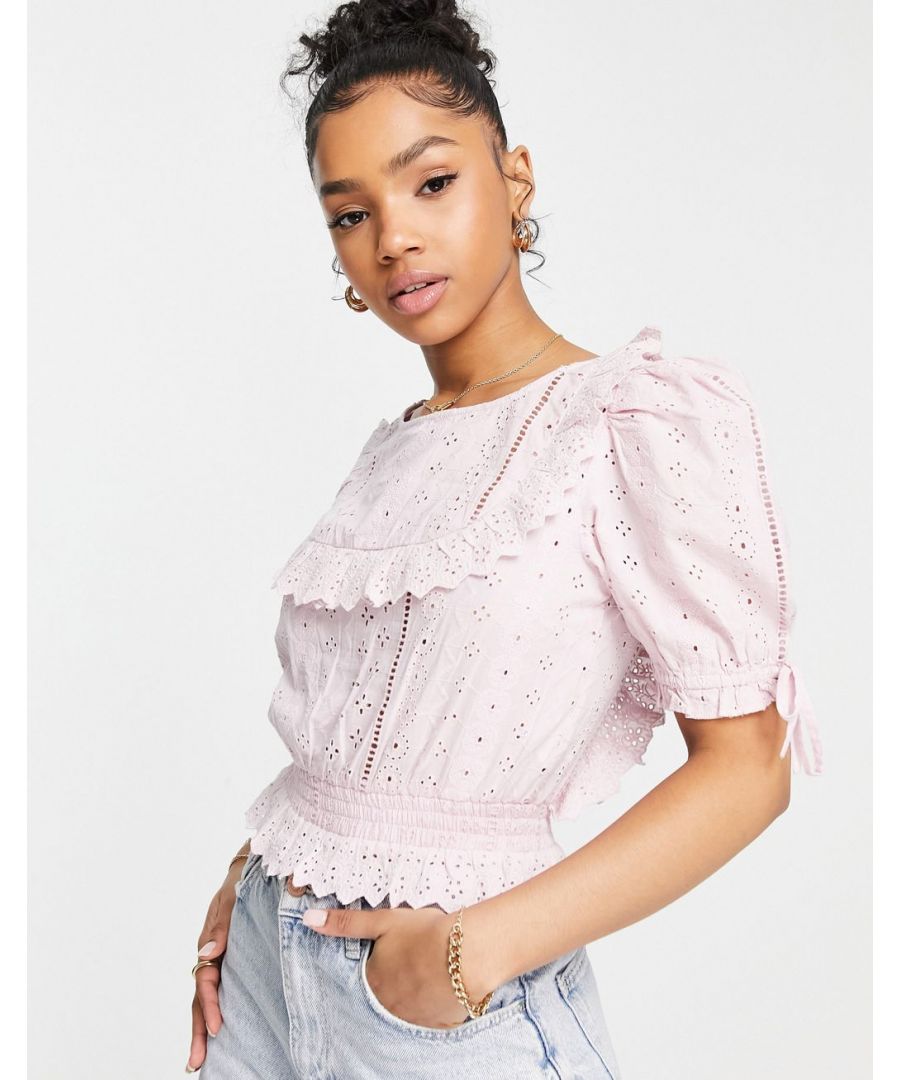 Blouse by Miss Selfridge Next stop: checkout Crew neck Puff sleeves Ruffle details Regular fit Sold by Asos