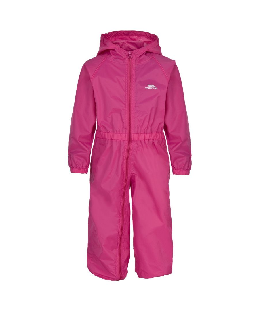 Unisex shell baby rain suit. Grown on hood. Full body length front zip. Elasticated side waist. Elasticated cuff and ankles. 100% Polyamide, PU coating.