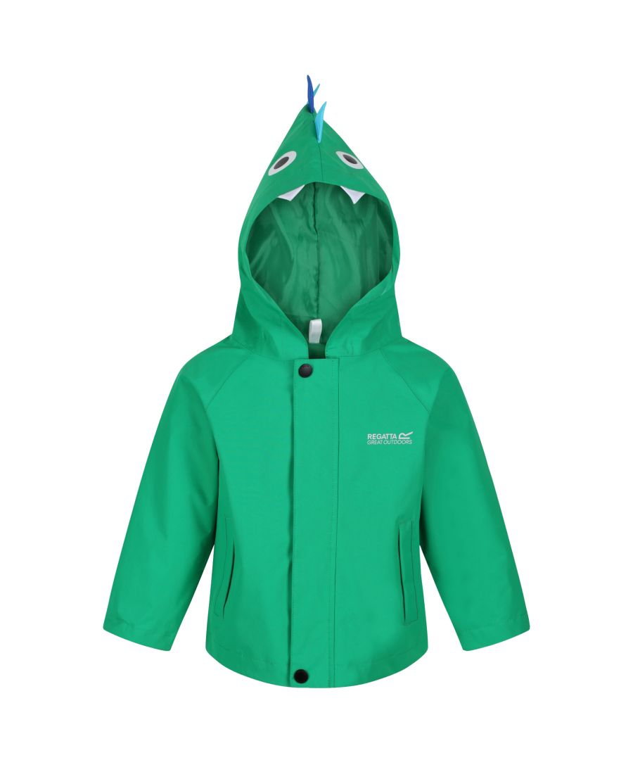 Material: 100% Polyester. Fabric: Hydrafort, Woven. Lining: Mesh, Taffeta. Design: Dinosaur, Logo. Trim: Reflective. Fabric Technology: Durable, Water Repellent. Printed Name label, Soft Touch, Taped Seams. Neckline: Hooded. Sleeve-Type: Long-Sleeved. Hood Features: Elasticated, Grown On Hood. Pockets: 2 Lower Pockets. Fastening: Button. Hem: Shaped.