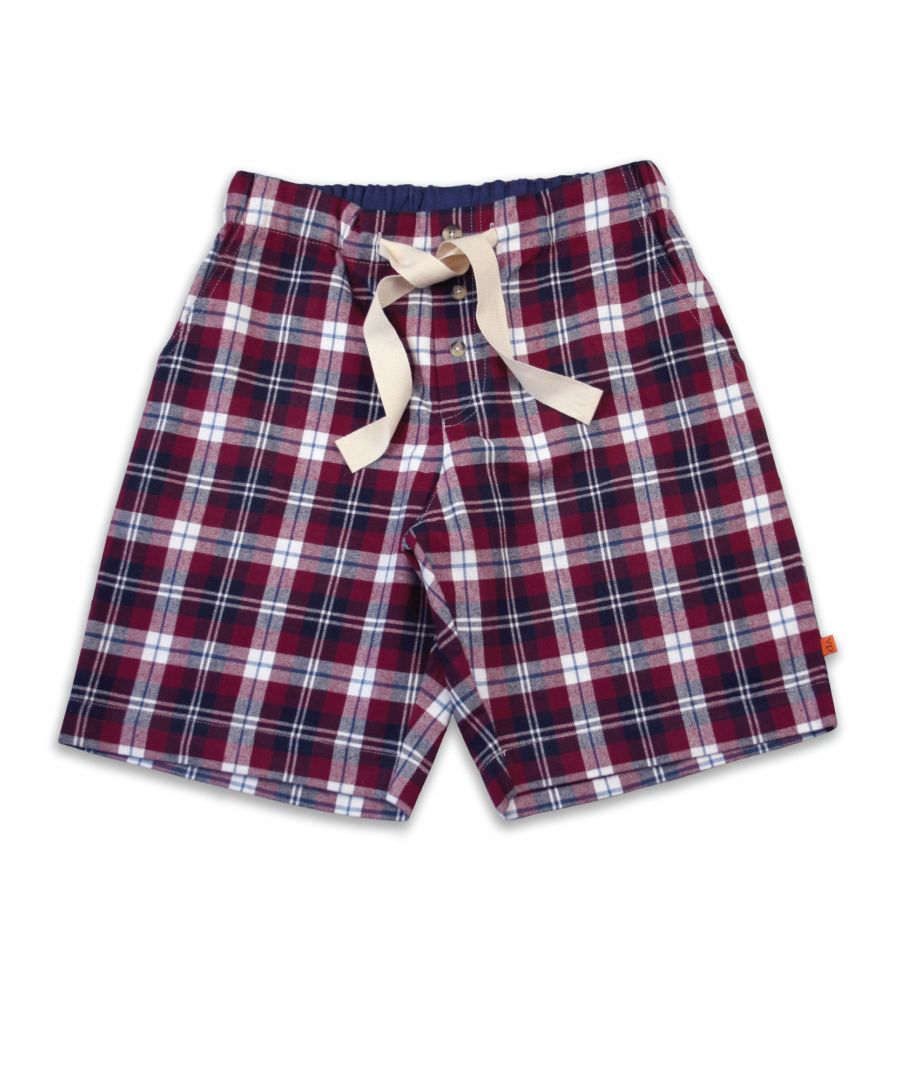 Burgundy check pyjama shorts by Vanilla Park\nA timeless burgundy check has been given the Vanilla Park treatment in our Jordan check Lounge shorts. Made from brushed 100% cotton, the  PJ shorts have been beautifully finished with cotton trims. Fully elasticated at the waist with an adjustable front drawstring, two side pockets and a back patch pocket. Wear them with one of our jersey T-shirts for a comfy way to lounge or sleep.\nIt’s easy to create mini-me looks, as coordinating styles are also available in our boys collection.\nPlease check our size guide before ordering. \nFeatures:\n100% Cotton\nMachine Washable\nSuper soft luxury brushed cotton fabric\nComfortable jersey inner waistband