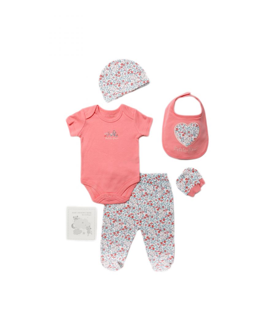 This Rock a Bye Baby Boutique six-piece set features a gorgeous floral-themed print on each item. The set includes a pink bodysuit with a floral motif, footed joggers, with matching mitts, a hat, and a bib with a sweet floral detail heart! This set also comes with a memory book, an interactive addition to the set. Each item in the set is cotton with popper fastenings, keeping your little one comfortable. This six-piece set the perfect gift set for the little one in your life.