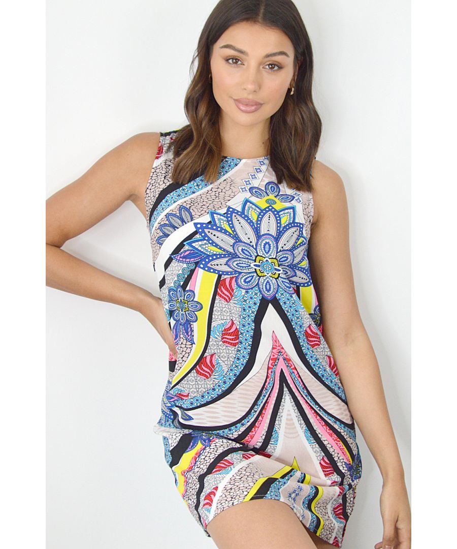 - Tunic style  - Abstract print  - High neck  - Model Height: 5' 9