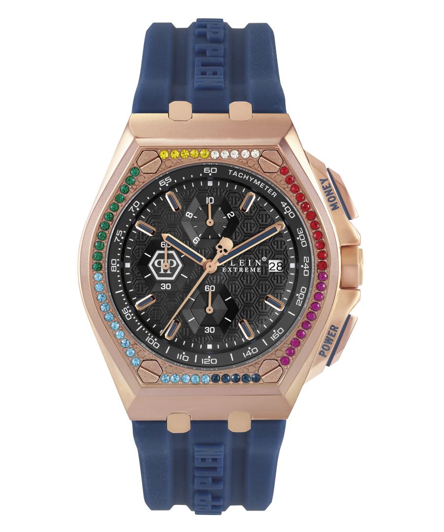 This Philipp Plein Plein Extreme Chronograph Watch for Men is the perfect timepiece to wear or to gift. It's Rose Gold 44 mm Round case combined with the comfortable Blue Silicone watch band will ensure you enjoy this stunning timepiece without any compromise. Operated by a high quality Quartz movement and water resistant to 5 bars, your watch will keep ticking. This watch has the Philipp Plein logo triumphs on the Silicone strap, while the $kull bone logo appears on the back of the strap -The watch has a calendar function: Date, Stop Watch, Tachymeter High quality 21 cm length and 27 mm width Blue Silicone strap with a Buckle Case diameter: 44 mm,case thickness: 13 mm, case colour: Rose Gold and dial colour: Grey