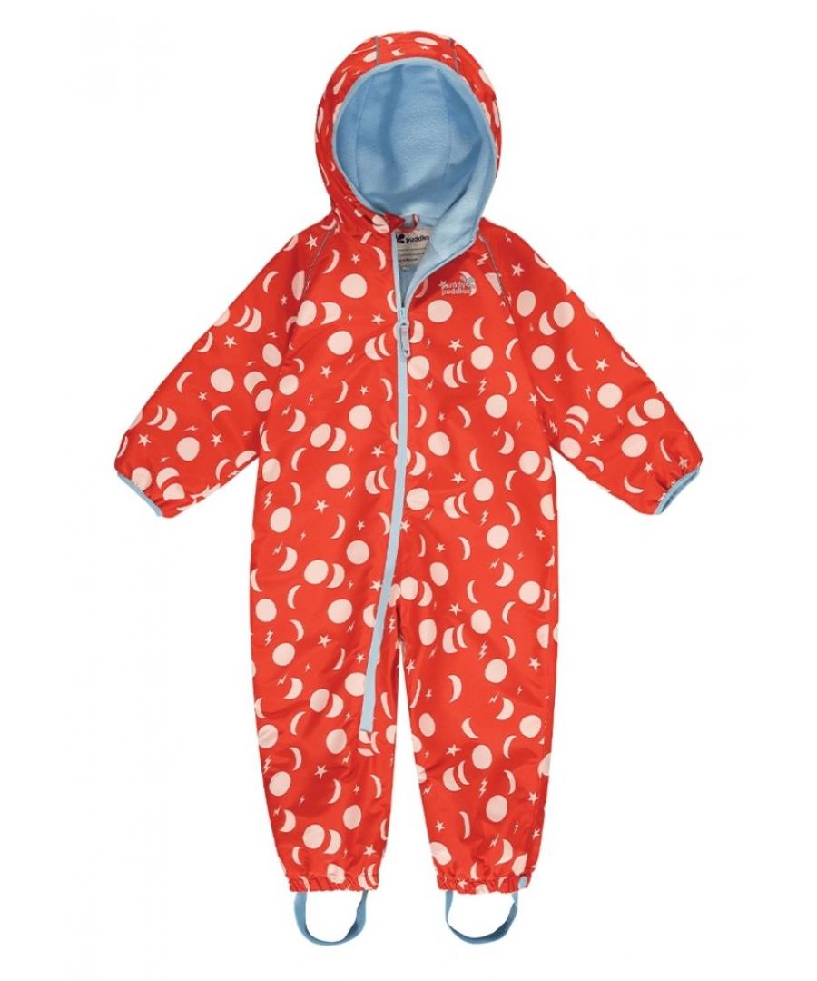 The popular Muddy Puddles EcoSplash All-in-One puddlesuit is the all-in-one waterproof solution for your children. Its 100% recycled polyester from post-consumer plastic bottles makes it an eco-friendly choice without compromising on quality.\n\nYou’ll still find your child stays dry in the wettest weather thanks to the added taped seams. They’ll feel warm and cosy too, whatever the weather, thanks to the soft fleece lining that makes your little one feel comfortable even if they’re playing in the snow. This suit has been designed to be easy to wear, and its extra-long, colourful, waterproof zipper makes it simple for you to dress and undress your child, or even for them to help themselves! The elasticated contrast binding to the sleeves, hood, and hem, make it easy to spot your child in a crowd, while its reflective print and zip pull ensures your little one stays safe in gloomy weather and low lighting.\n\nFor children aged 12 months and above, the EcoSplash puddlesuit features elasticated cuffs and adjustable stirrups for wear over wellies, while the suit for babies up to 12 months old features fold-over hand warmers and removable feet. Thanks to the flexibility of the fabric, even super-active adventurers can move freely outdoors, and with its durable machine washable construction, your child can jump in all the muddy puddles they like!\n\nFEATURES\n \n\nWaterproof to 10,000mm – very waterproof for all-day play in moderate to heavy rain\nBreathable to 3,000g/m2, ideal to keep active children comfortable\nMade using cutting edge recycled fabrics\nTaped seams\nFleece lining to body and hood\nContrast elasticated binding to finish the sleeves, hood and hem\nElasticated cuffs and adjustable stirrups for 12 months - 6yrs\nRemovable elasticated booties for 0-12 months\nExtra-long waterproof zip for easy on and off\nReflective print and zip pulls for better visibility\nMachine washable\nMATERIALS\nOuter: 100% recycled polyester. Lining: 100% recycled polar fleece. Sleeve wadding: 100% recycled polyester\nBIONIC-FINISH®ECO fluoride free waterproof coating