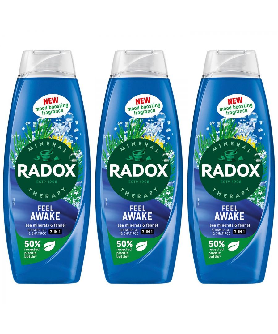 RADOX Mineral Therapy Feel Awake 2-in-1 Shower Gel & Shampoo cleanses your skin and recharges your batteries, making you feel refreshed with its new mood-boosting fragrance. It goes beyond cleansing the body and awakens your senses with the revitalizing scents of sea minerals and fennel. This refreshing skin cleanser features our unique blend of 4 minerals and 13 herbs, which activates with hot water to transform your shower into a mineral therapy ritual. Suitable for daily use, our body wash rinses off easily, leaving your skin feeling fresh and clean.\n\nRADOX Mineral Therapy Feel Awake 2-in-1 Shower Gel & Shampoo provides a refreshing shower experience that refreshes your senses.Our shower gel & shampoo is made with a unique blend of minerals and herbs which activates with hot water to cleanse and refresh you.Feel the fresh, energizing sea breeze invigorate you with RADOX Feel Awake Shower Gel, infused with a new mood-boosting fragrance of sea minerals and fennel. Our body wash is suitable for daily use – simply squeeze it out, lather on hair and body, and indulge in a refreshing shower experience. This skin cleanser is pH neutral and suitable for all skin types. RADOX shower gels come in 50% recycled (excluding cap and label), 100% recyclable, and 100% refillable bottles and can be used with the NEW Radox Feel Awake 500 ml Shower Gel Refill Pouch.\n\nHow to use: Apply when showering or bathing. Apply to the skin all over your body and then wash off with hot water. Suitable for everyday use.\n\nSafety Warning: Shower Gel & Body and Face Wash & Body Scrubs Avoid contact with eyes. If contact occurs, rinse thoroughly with water.\n\nBox Contain: 3x Radox 2in1 Body Wash & Shampoo, Feel Awake- 675ml
