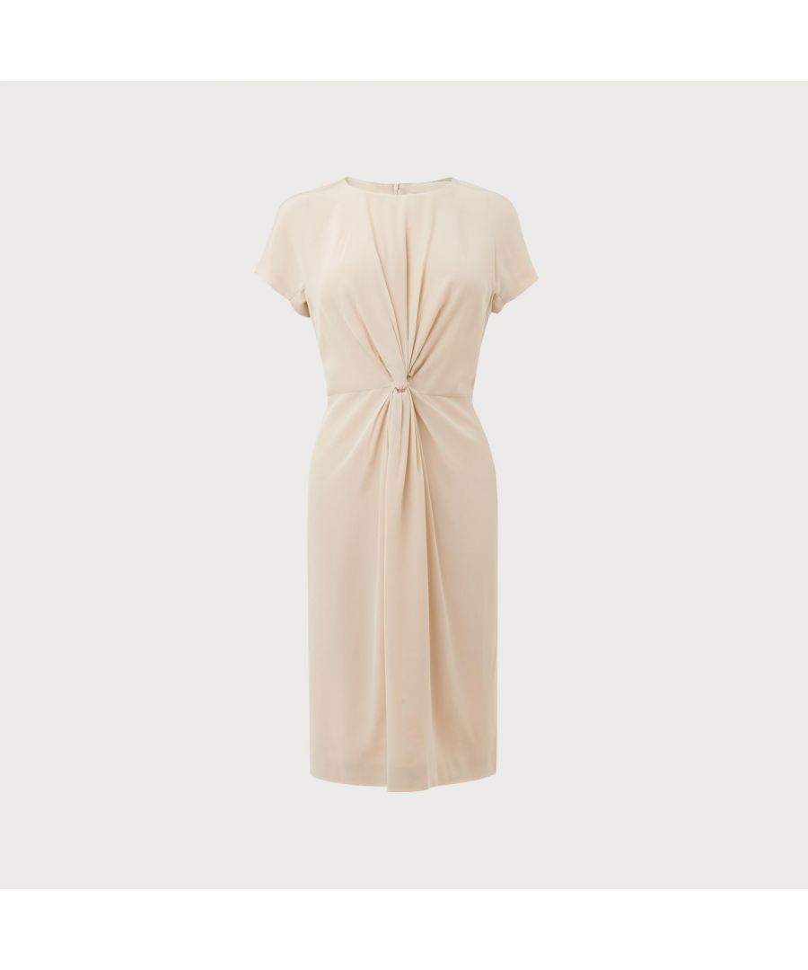 Crafted from pure silk, Milas in oyster is a luxurious summer dress that will slot seamlessly into your workwear wardrobe. Perfect for the office as well as special occasions, this short sleeve dress features knot detail to the front elegantly cinching the waist and fastens to the back with a concealed zip.