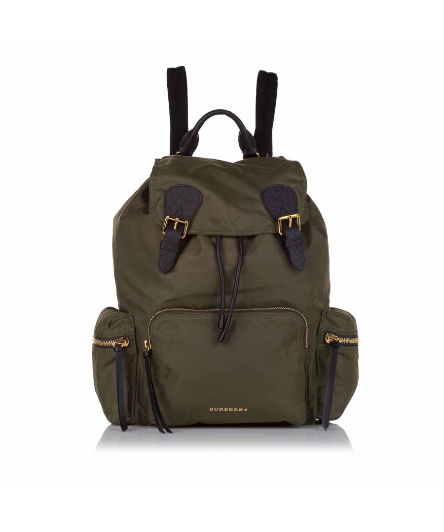 VINTAGE. RRP AS NEW. The Runway backpack features a nylon body with gold-tone hardware, rolled top handle, dual flat shoulder straps, front exterior zip pockets, a drawstring closure, and an interior zip pocket.\n\nDimensions:\nLength 43cm\nWidth 26cm\nDepth 16cm\nHand Drop 9cm\nShoulder Drop 70cm\n\nOriginal Accessories: Dust Bag\n\nColor: Green x Dark Green\nMaterial: Fabric x Nylon\nCountry of Origin: Italy\nBoutique Reference: SSU177527K1342\n\n\nProduct Rating: VeryGoodCondition\n\nCertificate of Authenticity is available upon request with no extra fee required. Please contact our customer service team.