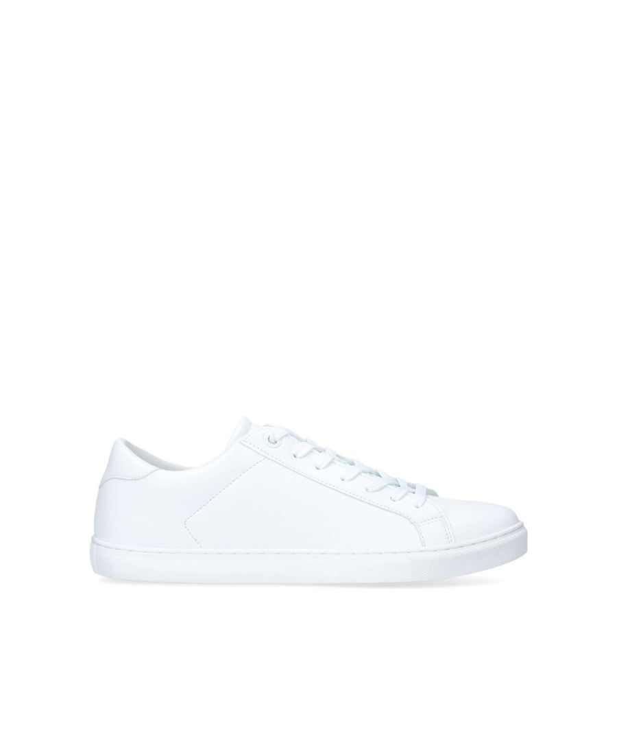 The Kacy is a classic sneaker in white. There is silver foil embossed branding on the tongue and a simple KG Kurt Geiger logo printed on ribbed textile with print stitch detailing tab at the back of the heel.
