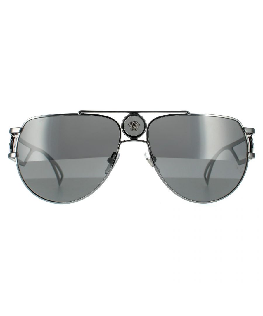 Versace Aviator Unisex Gunmetal Grey Silver Mirror Sunglasses VE2225 are a distinctive aviator design with an open wire frame and iconic Medusa emblems for authenticity.