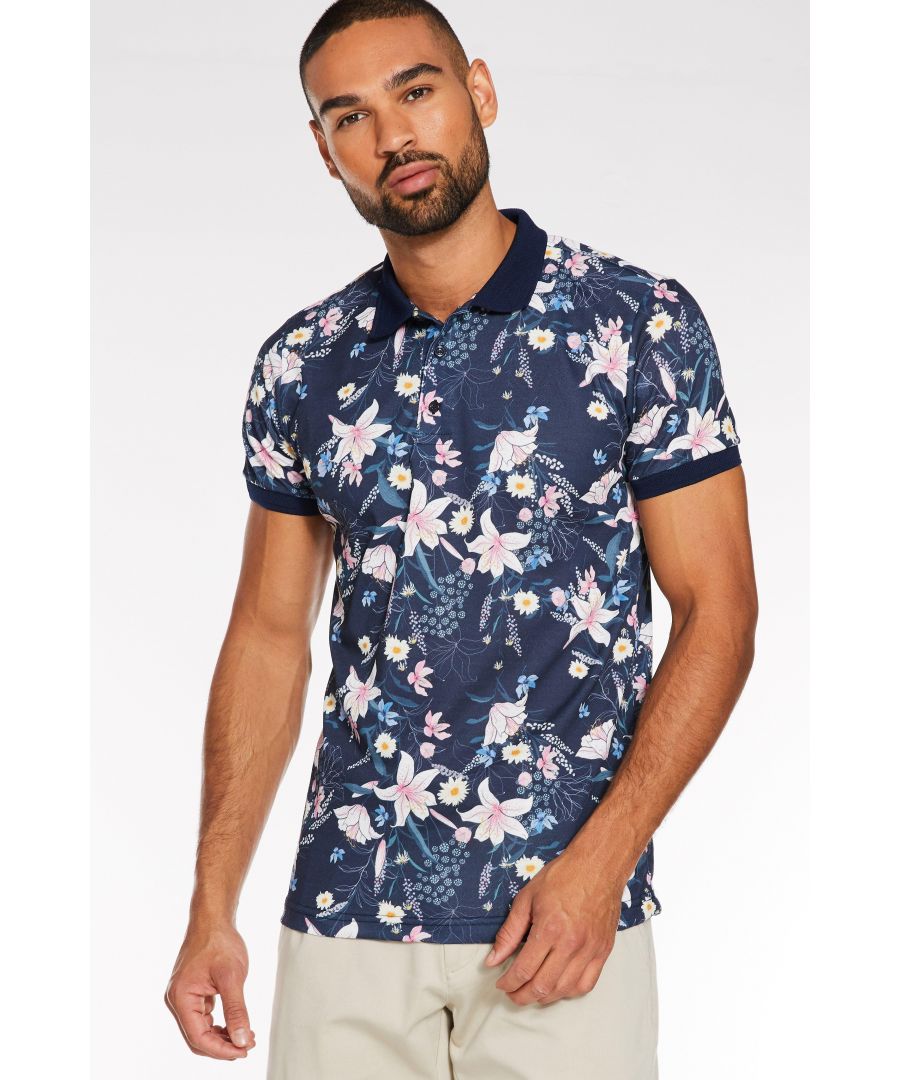Image for All Over Flower Printed Polo in Navy
