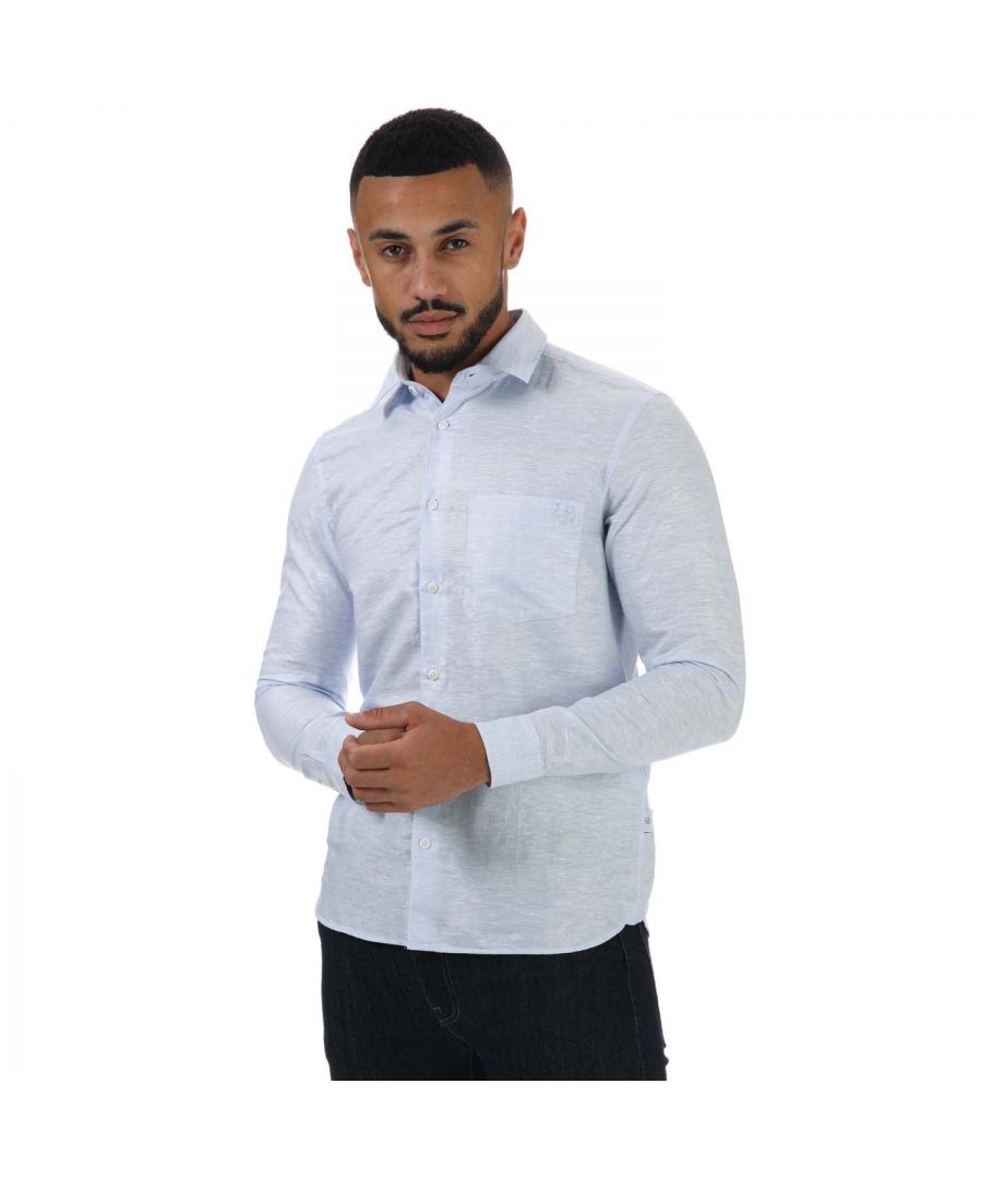 Mens Ted Baker Remark Linen Shirt in light blue.- Buttoned collar and cuffs.- Long-sleeved.- Chest patch pocket.- Branded buttons.- Ted Baker-branded.- 55% Lin  45% Cotton. Machine wash at 30 degrees.- Ref: 259147