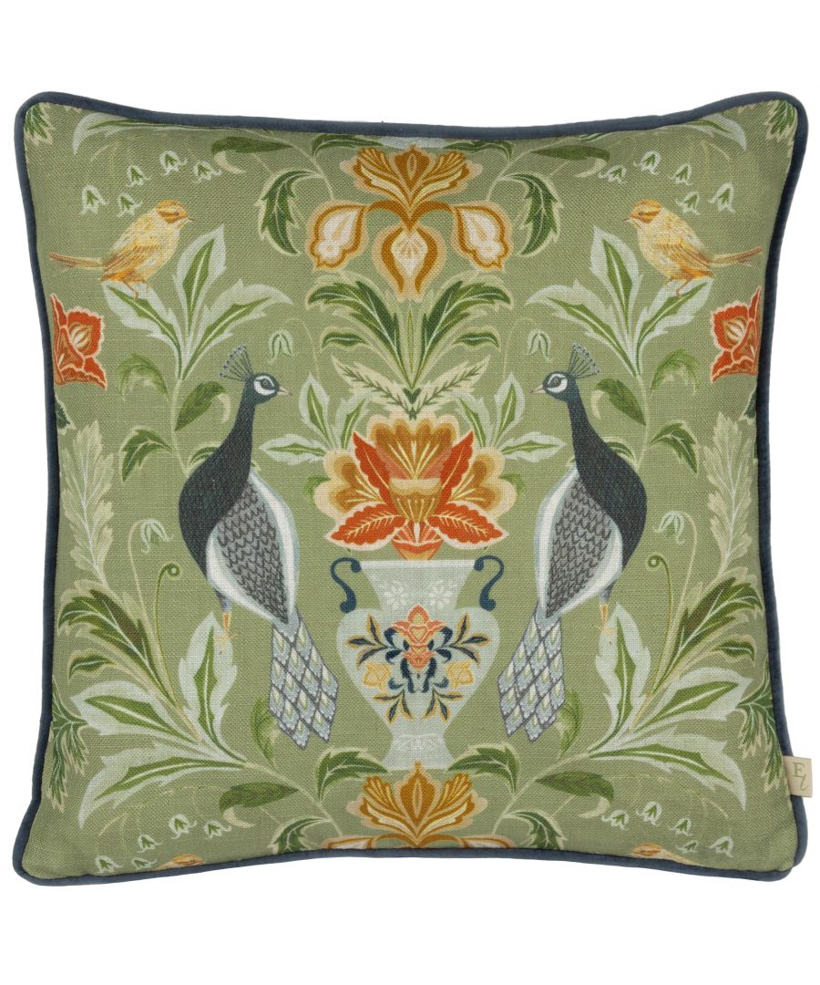 Two proud, symmetrical peacocks gaze across at each other from their perches amongst the surrounding, bright, traditional damask florals. The vase of flowers in the middle holds some vibrant blooms, while the fresh, organic toned background provides an exquisite contrasting finish to the face of the cushion. A luxuriously soft velvet reverse awaits when it is turned over, along with a contrasting piped trim. The more observant of you will also spot the two little reed buntings perched above the two peacocks. There’s always something new to discover on this cleverly designed cushion and one which will add a beautiful touch of tropical nature to any home interior.
