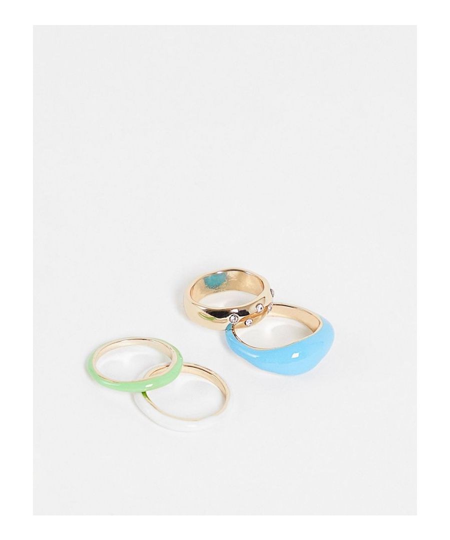 Ring multipack by Topshop Accessorising is the best part Pack of four Mixed designs Diamante and enamel details Assorted bands Smooth finishes Sold By: Asos