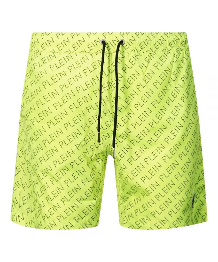 Philipp Plein Mens Repetitive Logo Fluorescent Yellow Swim Shorts - Size Medium