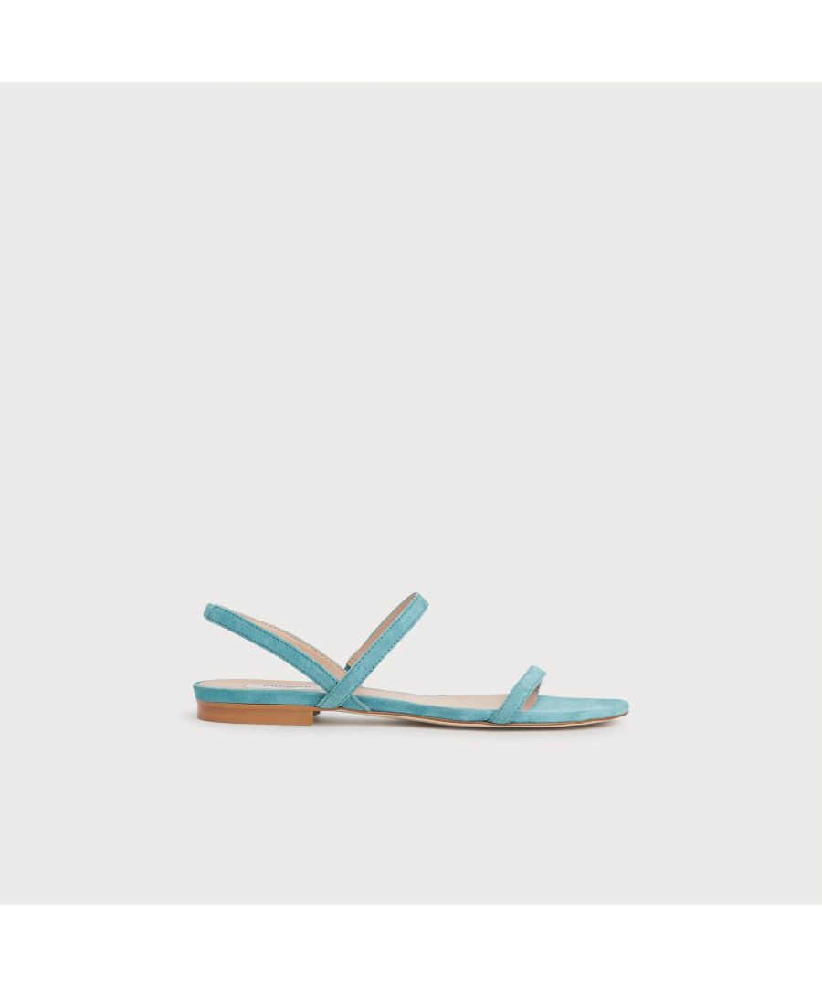 Simple, chic and delicately strappy, our River flat sandals are perfect for the summer months. Crafted in Italy from light blue super-soft suede, they have a single strap over the toes, one over the foot, a slingback and a wooden stacked 15mm block heel. Wear them when the sun shines with cool cotton and linen pieces.