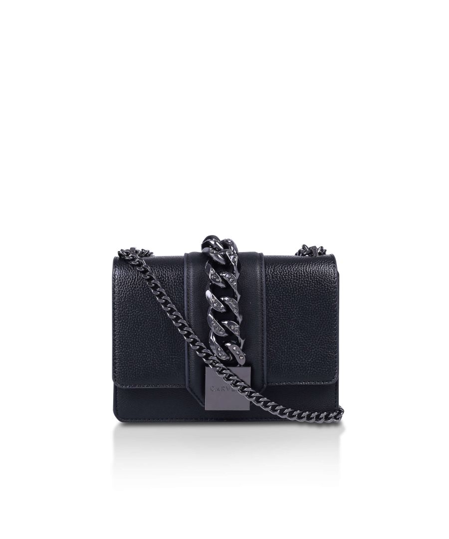 The Mikhaela bag encapsulates the chain trend perfectly. The front of the bag features an oversized gunmetal chain with gemstones incorporated pairing with the shoulder strap. The front of the flap features a gunmetal branded panel which opens to a black lined interior with open pocket.