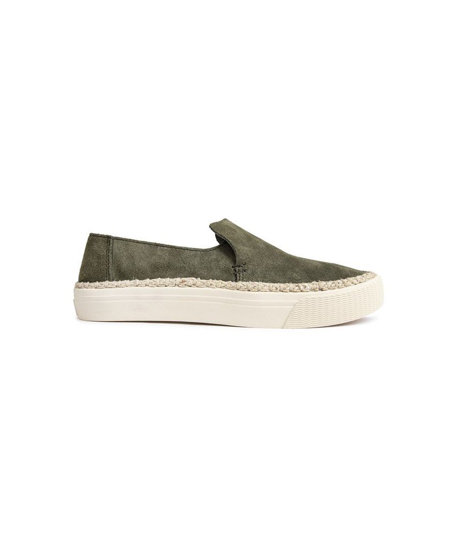 Womens green Toms plateau sneaker shoes and a eva sole. Featuring: textile lining, elasticated for fit, lightweight construction and suede upper.
