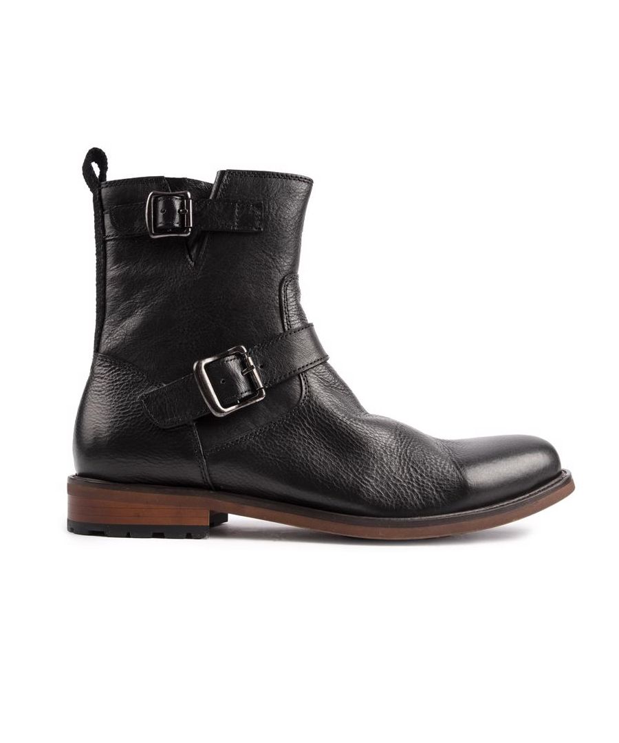 These Men's Black Sole Crafted Oiler Biker Boots Are Manufactured In A Small Private Factory And Have A Bespoke Washed Leather Upper, Featuring Hand Stitched Details, Stylish Metal Buckles, Inside Zip And A Textile Heel Pull Tab. These Exclusive, Hand Finished Ankle Boots Have A Soft Leather Lining And A Synthetic Branded Sole With A Black Grip.
