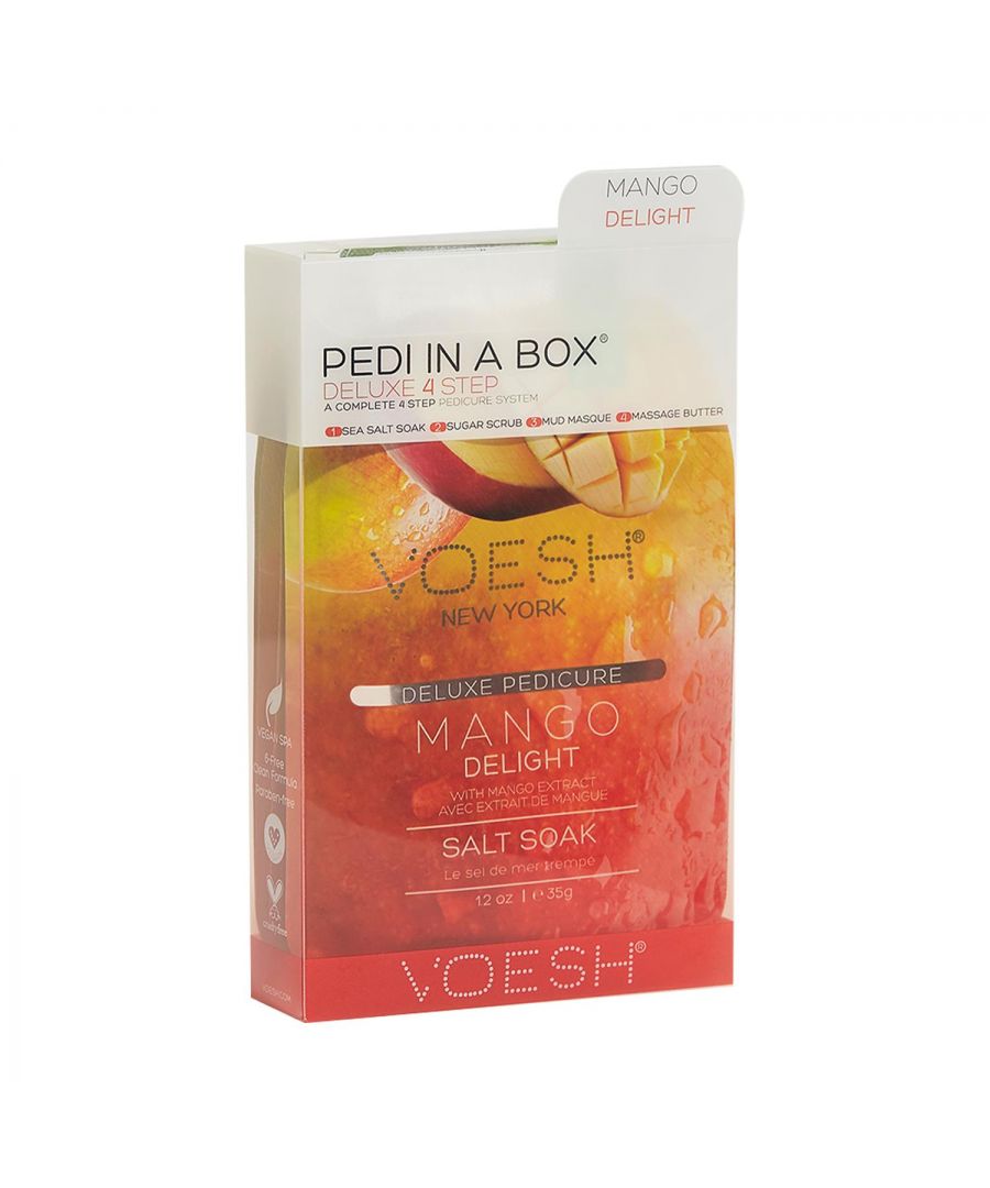 Voesh Mango Delight Deluxe 4 Step Pedicure In A Box with Mango Extract.  The Cleanest And Most Hygienic Spa Pedicure Solution. Enriched With Key Ingredients To Give Your Feet The Nutrition It Needs. Each Product Is Individually Packed With The Right Amount For A Single Pedicure.\n\nThe Perfect Pedi For:\nDIY At-Home Pedicure\nDate Night\nBachelorette Parties\nGirls’ Night In\n\nThe kit contains:\nSea Salt Soak: This soak helps relieve tension, stiffness, minor aches and discomfort in your feet. It helps detox and deodorize the feet.\nSugar Scrub: The scrub gently exfoliates dead skin cells and helps soften your feet. Perfect for use on the soles on your feet.\nMud Masque: The masque removes deep-seated impurities in your skin leaving your feet feeling clean and revived.\nMassage Cream: The massage cream hydrates and soothes skin. It softens the soles of your feet and helps prevent dryness and roughness.\n\n4 Step Includes\nSea Salt Soak 35g: to detox & deodorize the feet.\nSugar Scrub 35g: to gently exfoliate dead skin.\nMud Masque 35g: to deep cleanse impurities.\nMassage Butter 35g: to hydrate and soothe skin.