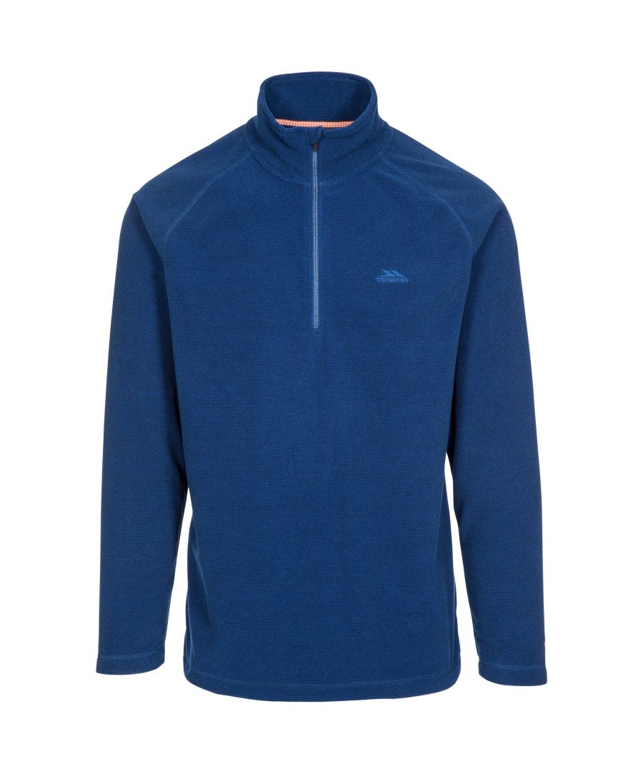 Knitted. 100% polyester. 140gsm. Striped cationic microfleece anti piling brushed bad. 1/2 zip neck contrast.