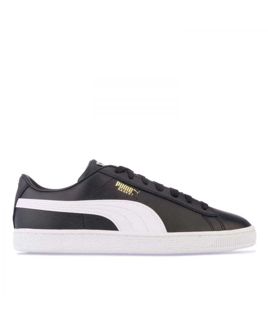 Mens Puma Basket Classic XXI Trainers in black- white.- Leather upper.- Lace up fastening.- Woven PUMA Archive No. 1 Label at tongue.- Debossed and gold foil printed PUMA No. 2 Logo at quarter.- PUMA Formstrip at lateral side.- Low boot.- Rubber midsole.- Rubber outsole.- Leather upper  Synthetic lining.- Ref: 37492304