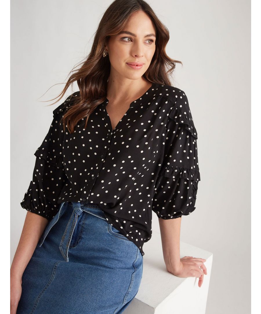 Katies 3Q Sleeve Ruffle Trim TopMaterial:  100% Viscose