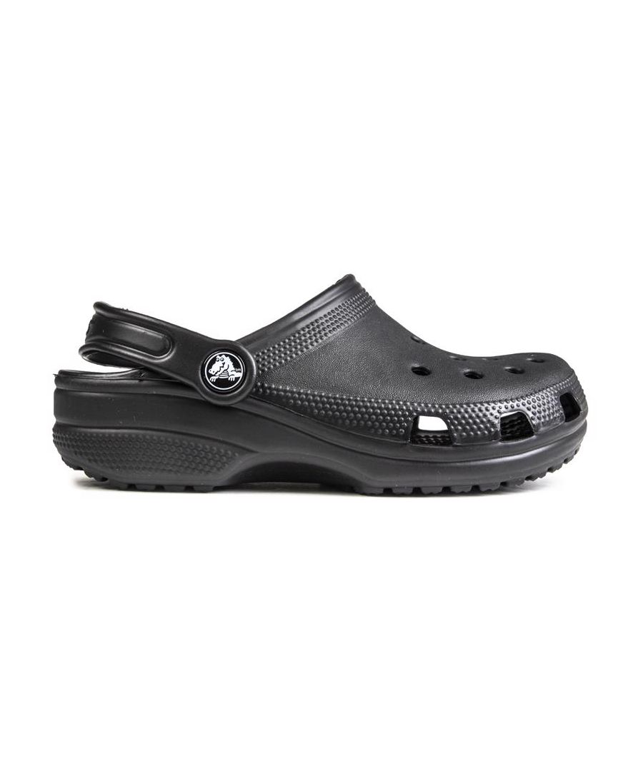 Infants black Crocs classic sandals, manufactured with synthetic and a rubber sole. Featuring: incredibly light and fun to wear, comfy sole, clean upper detail and lightweight.