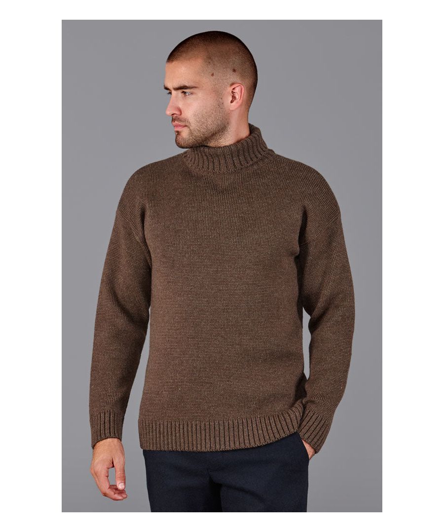 paul james knitwear mens modern submariner - roll neck merino wool jumper in brown - size large