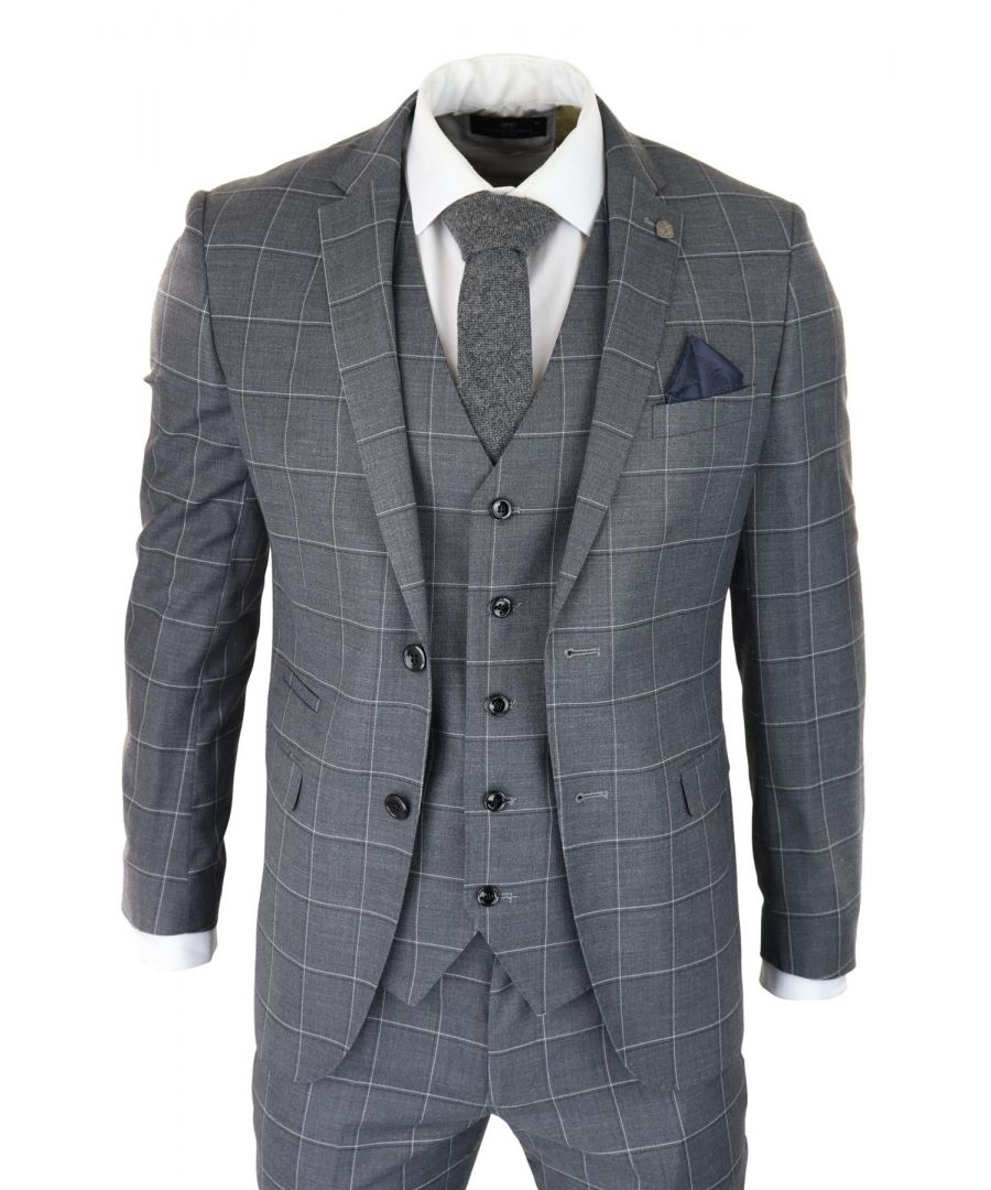 paul andrew mens grey suit 3 piece check vintage retro smart wedding classic tailored fit - size 40 (chest)