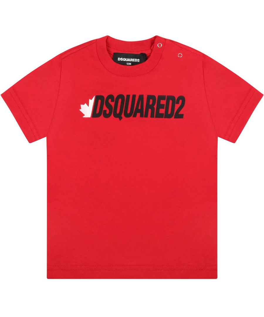 This Dsquared2 Baby Boys Logo T-shirt in Red is made from cotton, with short sleeves, ribbed crew-neck and press-studs closure, on the shoulder. It is embellished with black logo and white maple leaf, on the front.\n\nShort sleeves\nRibbed crew neck\nPress studs closure\nFront logo