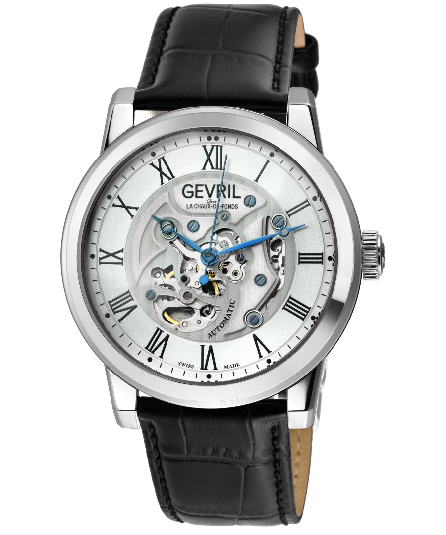 Gevril 22690 Men's Vanderbilt Swiss Automatic Watch\nGevril Men's Swiss Automatic Watch form the Vanderbilt Collection\n47mm Round Silver Case, Silver dial -Roman numeral indexes\nOpen Heart movement of front of dial, Gevril logo under 12 h\nPush/Pull Crown, Limited Edition\nGenuine Black Leather Strap with Tang Buckle\nAnti-reflective Sapphire Crystal\nWater Resistant to 50 Meters/5ATM\nSwiss Automatic Movement